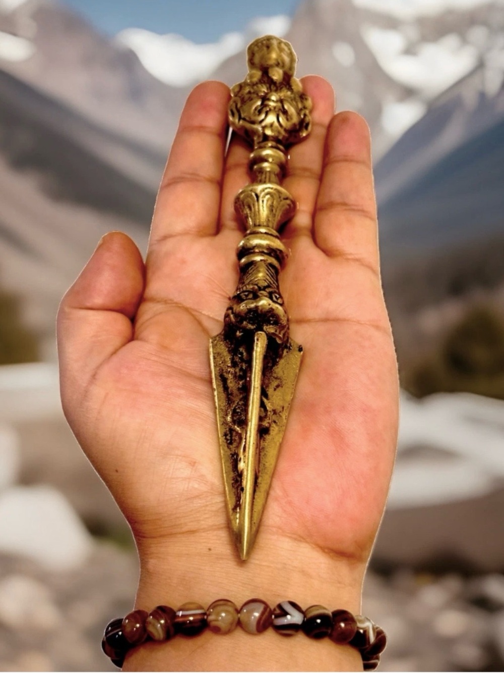 Vintage Tibetan ritual hand carved 2 face Mahakala dagger phurpa from Tibet 8”in